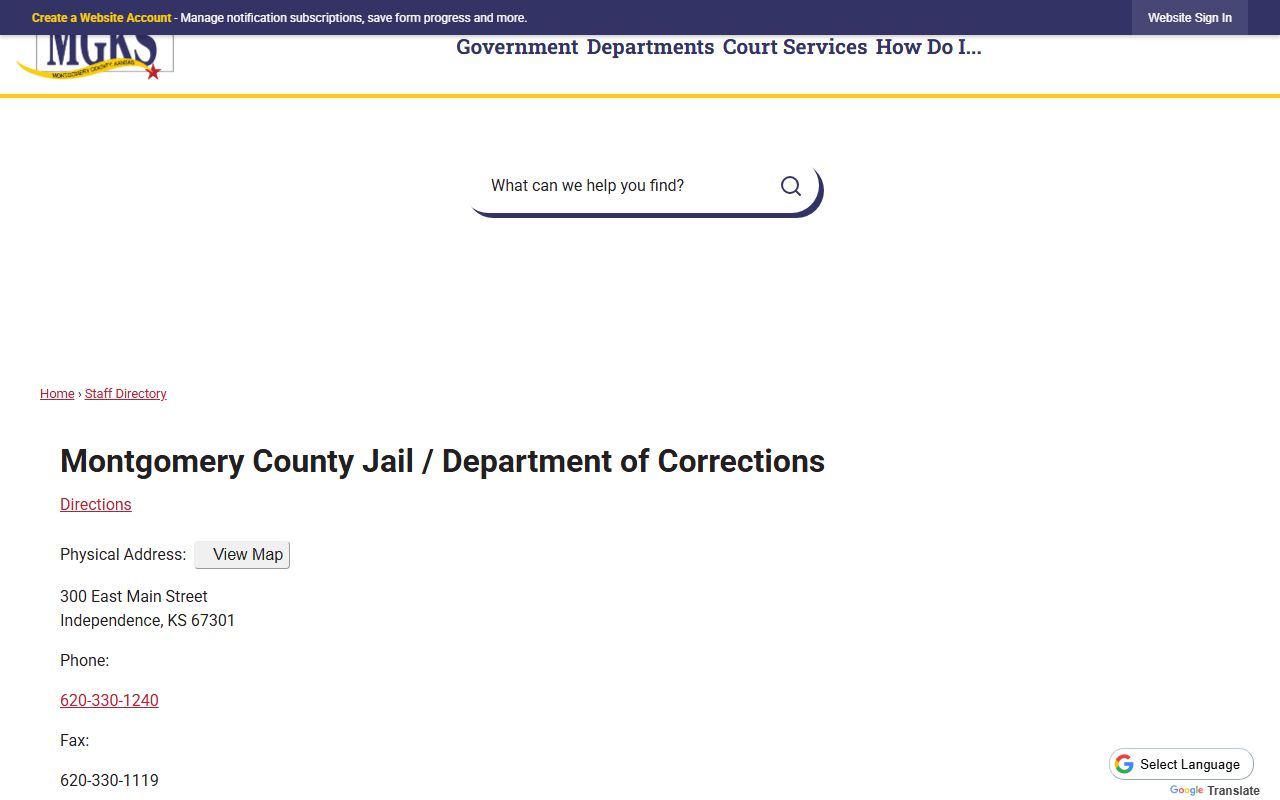 Montgomery County Jail Department of Corrections contact directory for inmate lookup